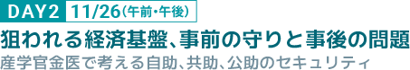 DAY2 11/26（午前・午後） 狙われる経済基盤、事前の守りと事後の問題 産学官金医で考える自助、共助、公助のセキュリティ